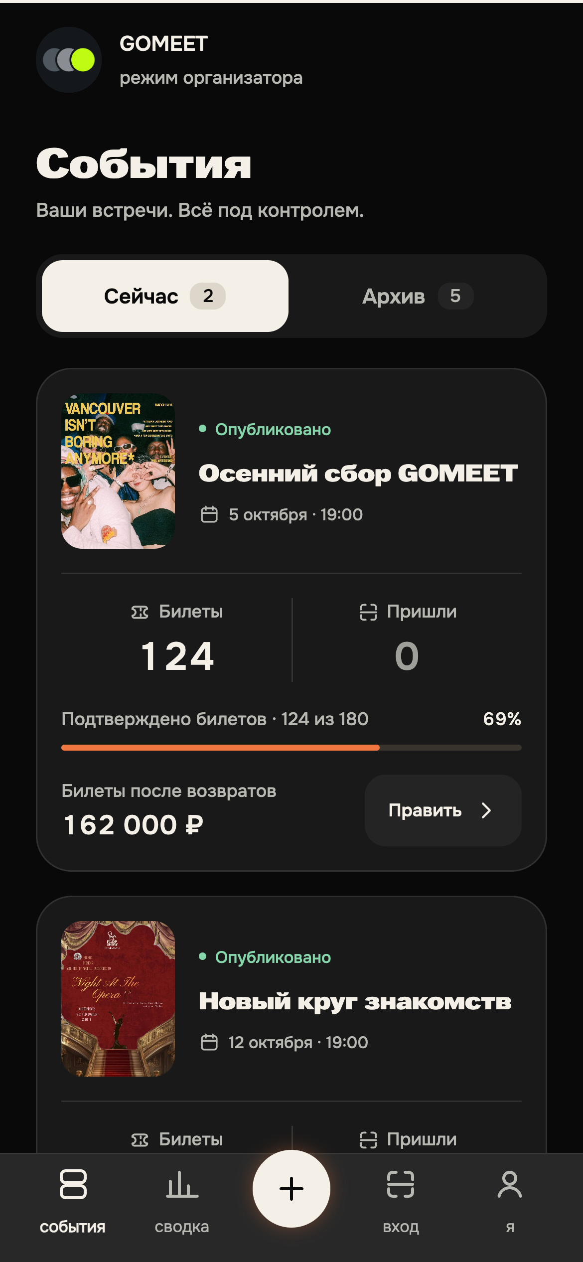 Кабинет организатора: события, билеты и заполненность